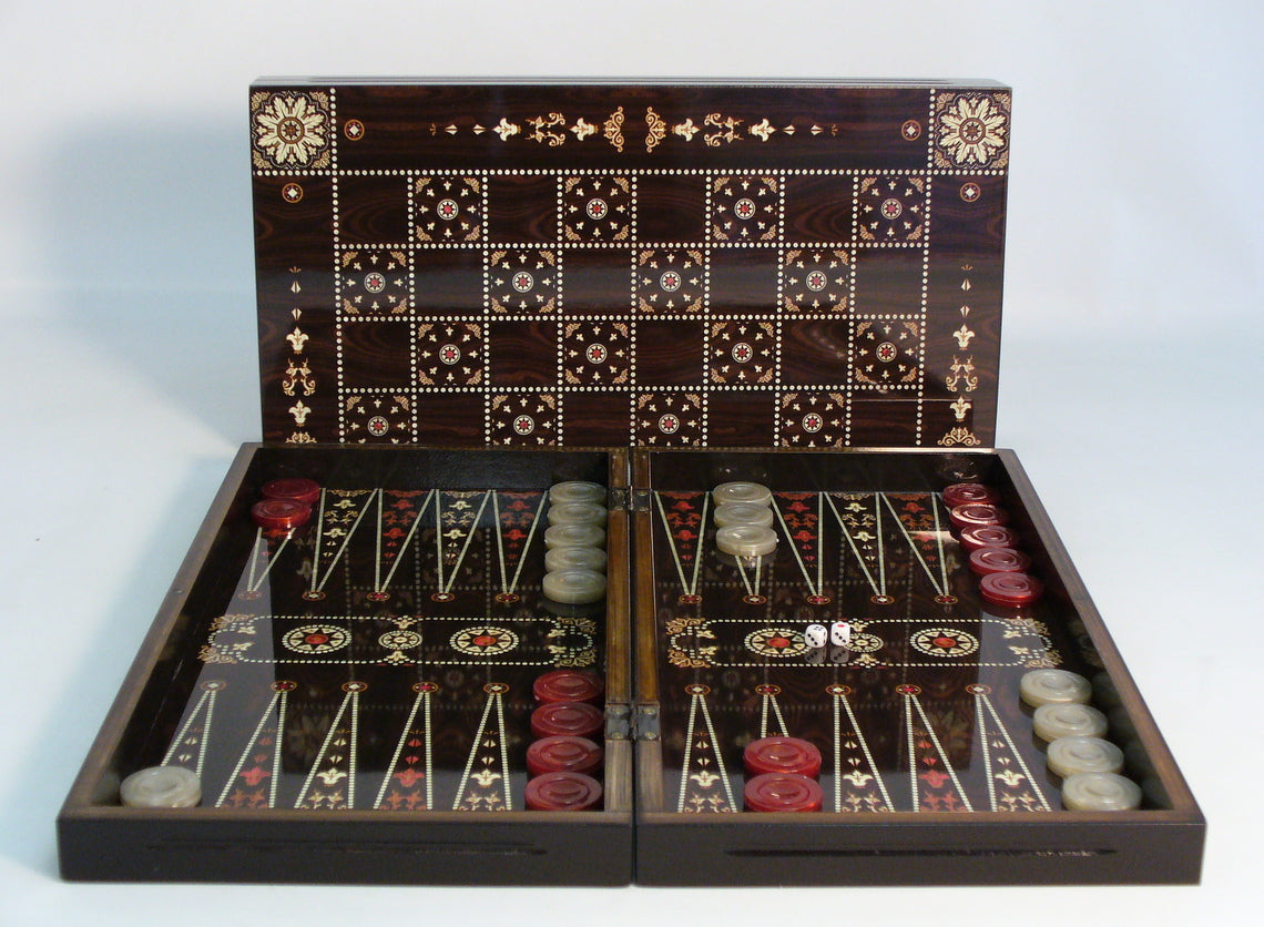 BACKGAMMON: 19" FLOWERED DECOUPAGE W/CHESS BACK